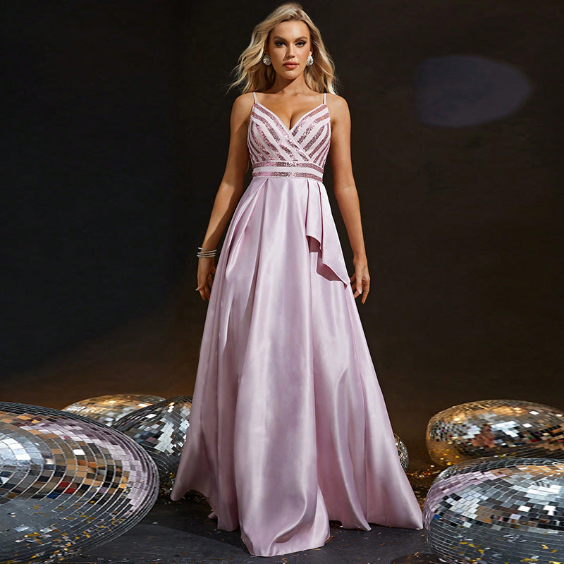 Vestido de Noche de Alta Gama para Mujer, Vestido Largo de Cóctel con Escote en V, Tirantes Finos