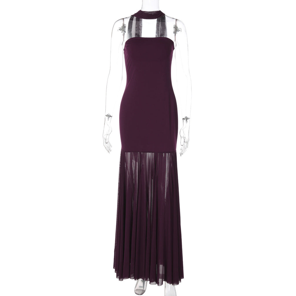 Vestido largo de noche para mujer, otoño-invierno, sexy, con costura de malla y top tubo