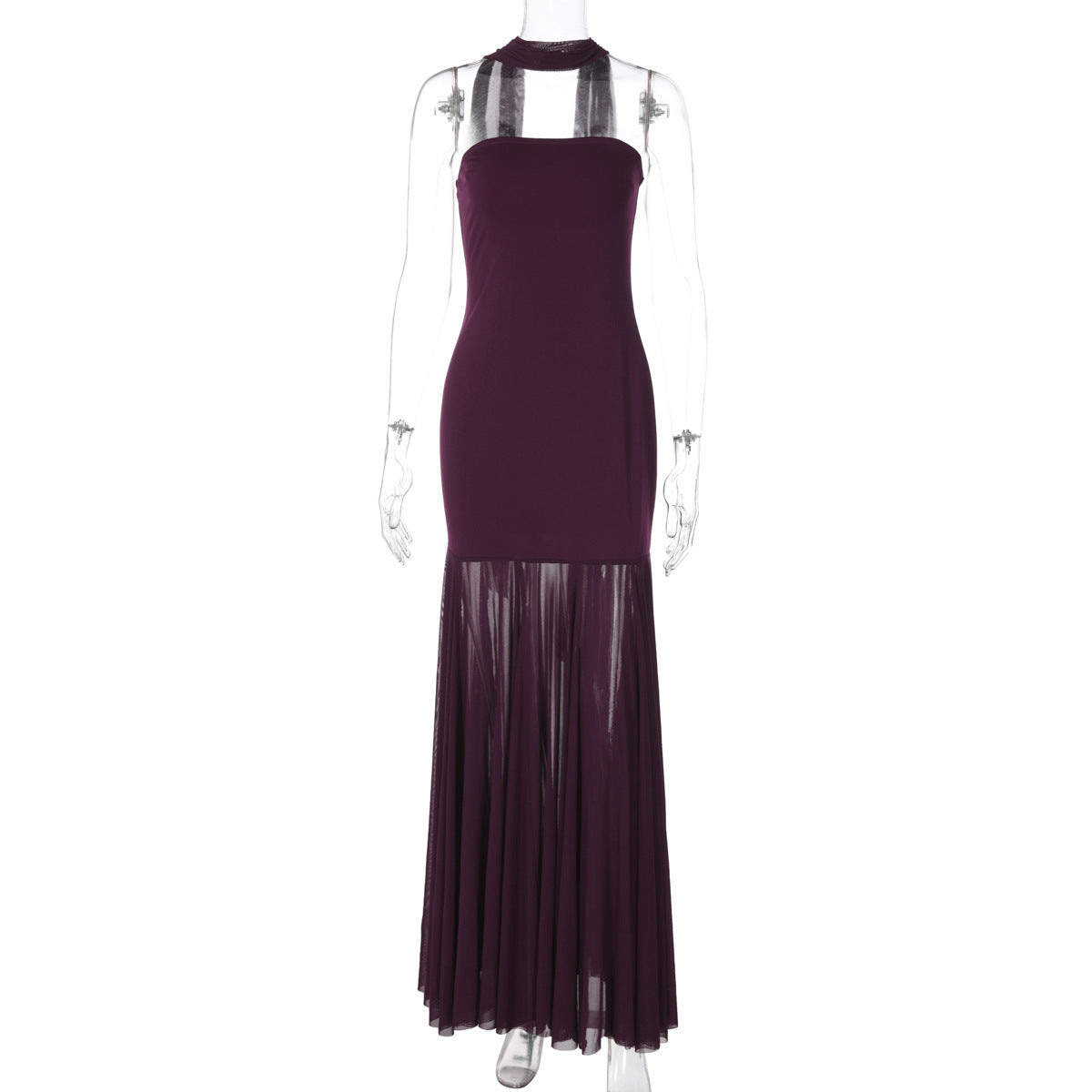 Vestido largo de noche para mujer, otoño-invierno, sexy, con costura de malla y top tubo