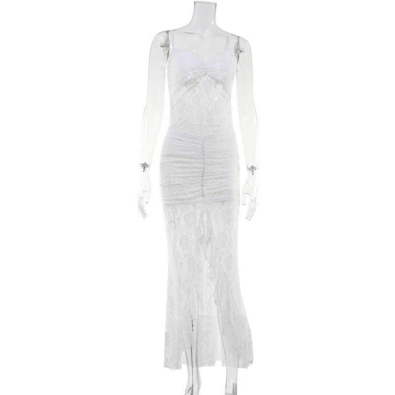 Vestido largo de mujer de color liso con encaje, sexy, sin espalda, con tirantes finos y abertura lateral