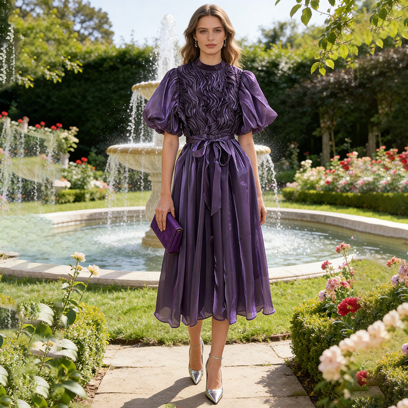 Elegante vestido maxi retro de primavera, ajustado a la cintura, adelgazante, con cordones, manga farol, cuello redondo y cintura alta