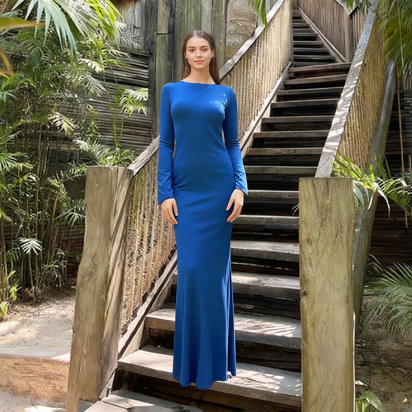 Vestido largo sexi con cordones, espalda abierta y manga larga, elegante, para vacaciones, para mujer