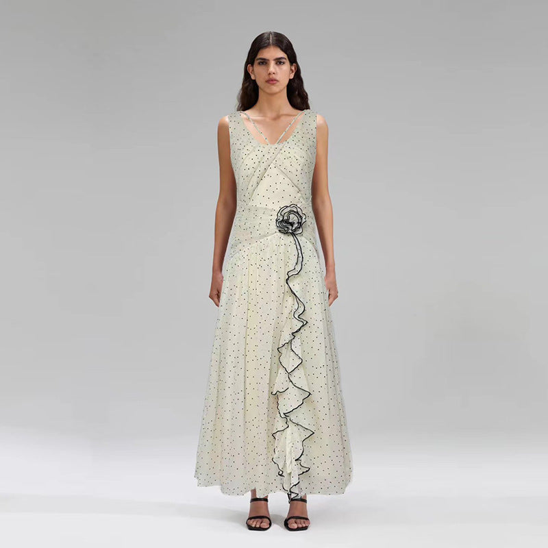 Vestido Maxi de Tirantes de Verano con Estampado de Topos sin Mangas y Cuello Redondo Albaricoque de Leche Dulce Ropa de Mujer