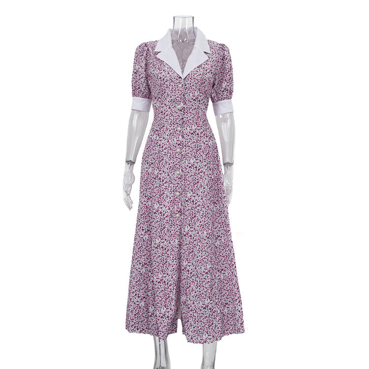 Elegante vestido floral de verano con cuello polo, manga corta, cintura alta y estampado línea A para mujer