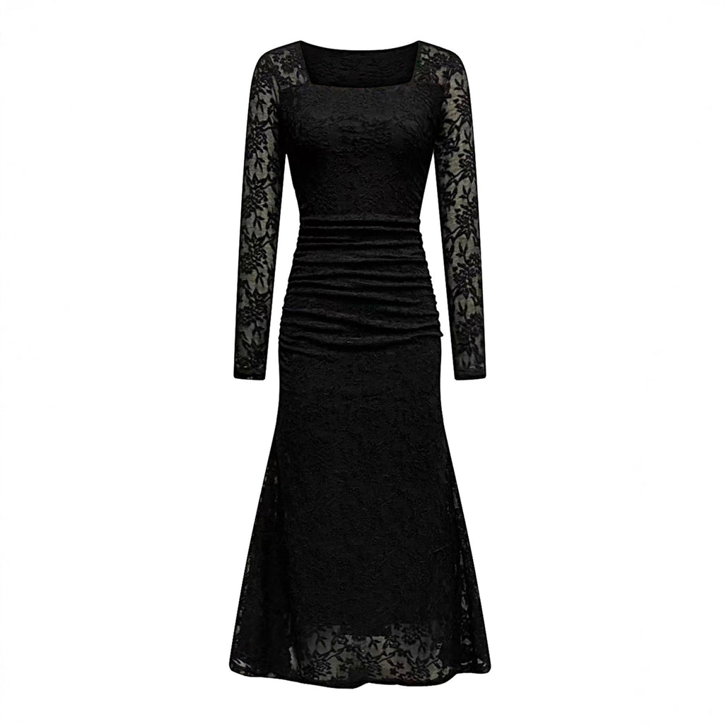 Vestido Largo Plisado Entallado con Cuello Cuadrado y Encaje Elegante de Moda para Mujer Otoño Invierno