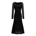 Vestido Largo Plisado Entallado con Cuello Cuadrado y Encaje Elegante de Moda para Mujer Otoño Invierno
