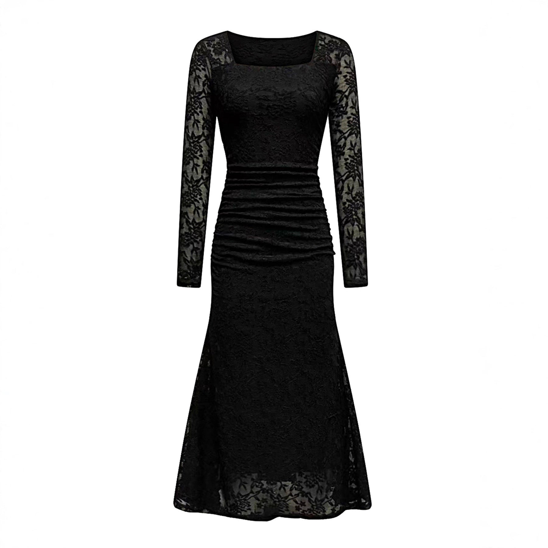 Vestido Largo Plisado Entallado con Cuello Cuadrado y Encaje Elegante de Moda para Mujer Otoño Invierno