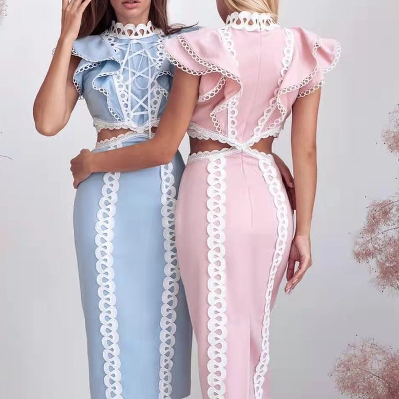 Elegante Vestido Largo Maxi para Mujer, con Volantes, Costuras, Escote Atrevido y Recortes, Color Sólido
