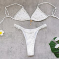 Bikini de tres puntos recién estampado, sexy sin espalda con cordones, traje de baño dividido de talle bajo para mujer