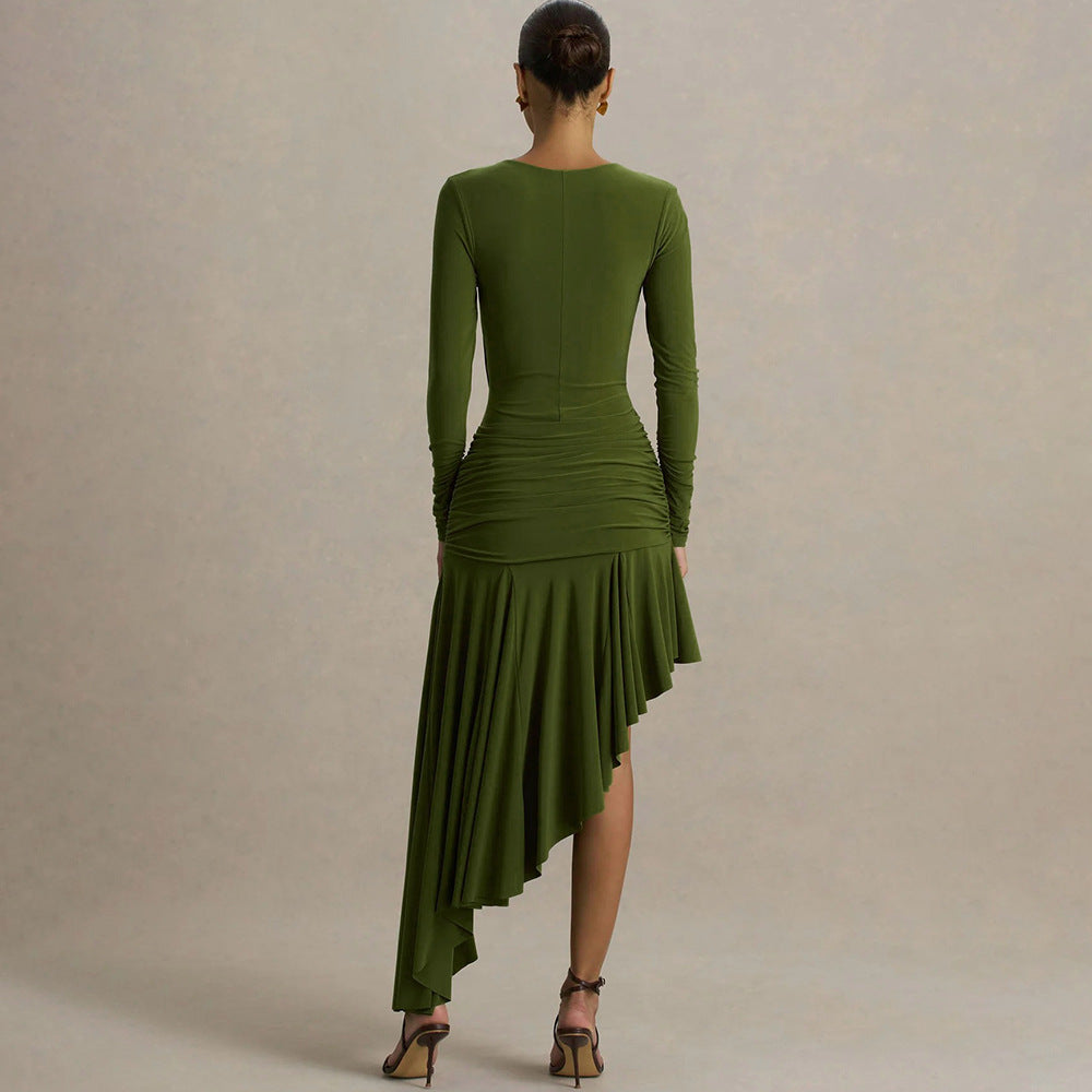 Vestido Maxi Asimétrico Irregular Plisado Sexy para Mujer Elegante a la Moda Otoño Invierno