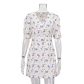 Vestido corto elegante francés con estampado de palabras, cuello en V, manga corta y cintura alta con estampado floral para mujer