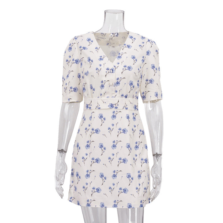Vestido corto elegante francés con estampado de palabras, cuello en V, manga corta y cintura alta con estampado floral para mujer