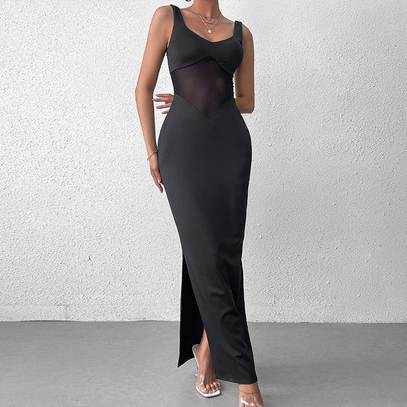 Vestido largo formal sexi sin espalda, con abertura, de malla y costuras de seda láctea