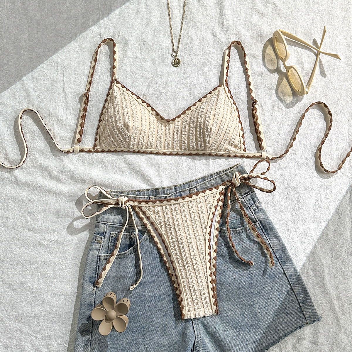 Bikini Texturizado para Mujer, Traje de Baño de Dos Piezas con Cordones y Contraste de Colores