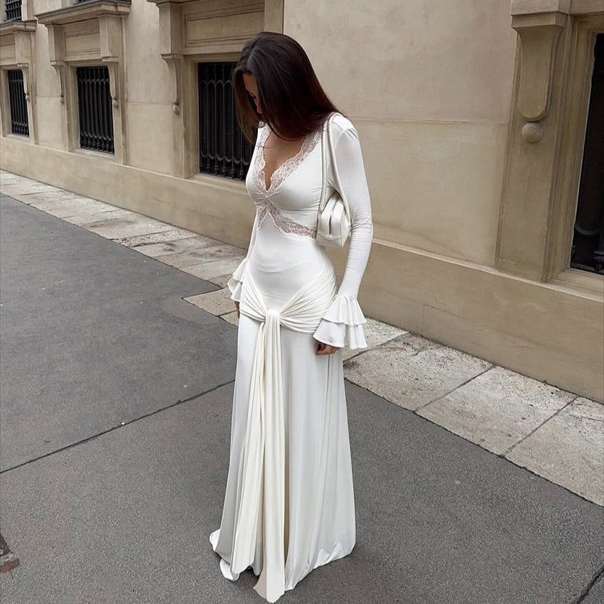 Vestido Largo Elegante de Primavera para Mujer Diseño Elegante Encaje Sexy Costura Ajustado