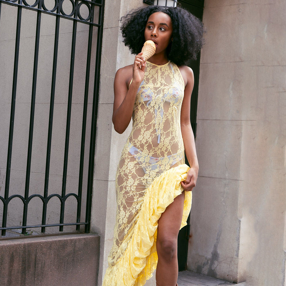 Vestido maxi de verano sexy de encaje transparente asimétrico irregular sin mangas con cuello redondo para mujer