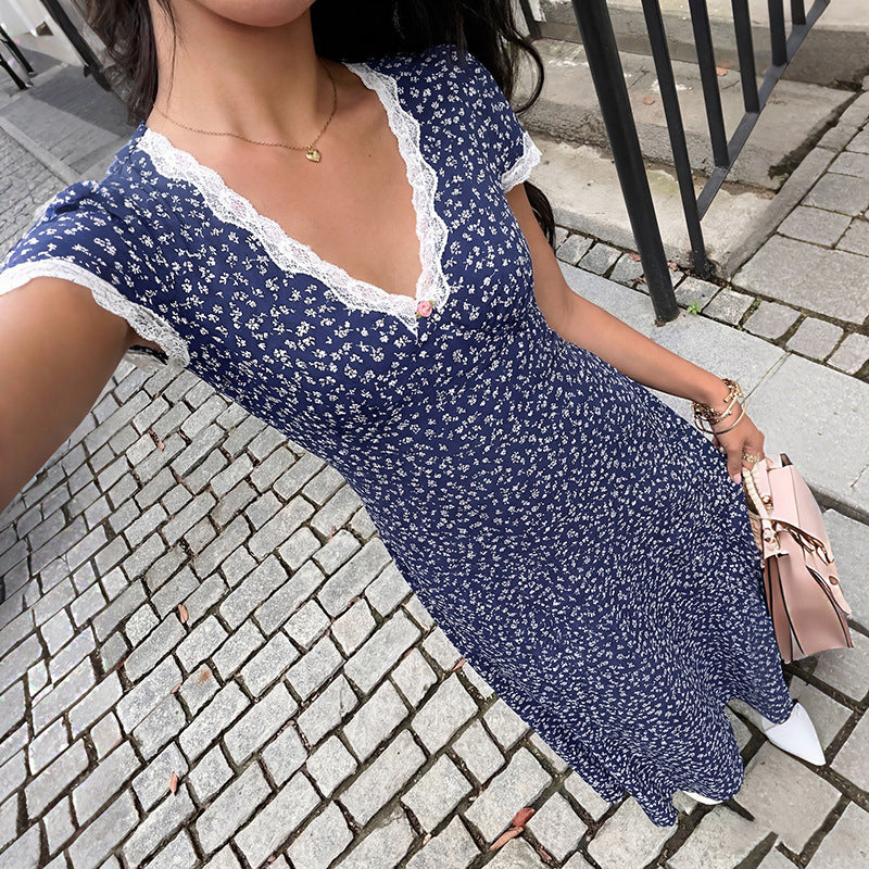 Sweet Vacation Lace V neck Patchwork Short Sleeve Floral Dress