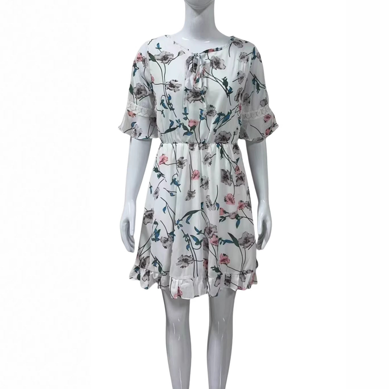 V neck Lace up Floral Dress Women Clothing Summer Clothes Design Short Sleeve Chiffon A line Dress