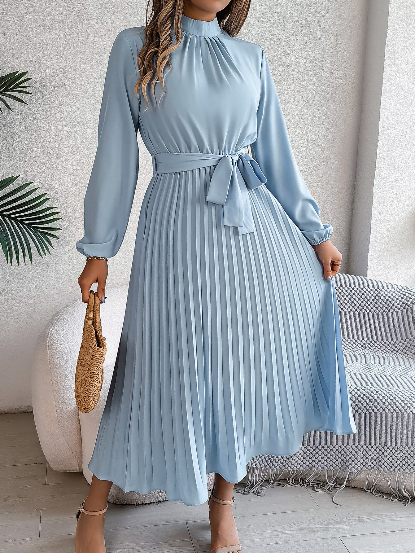 Vestido largo plisado fruncido con cuello alto y manga larga, elegante, otoño-invierno, vestido pequeño, ropa de mujer