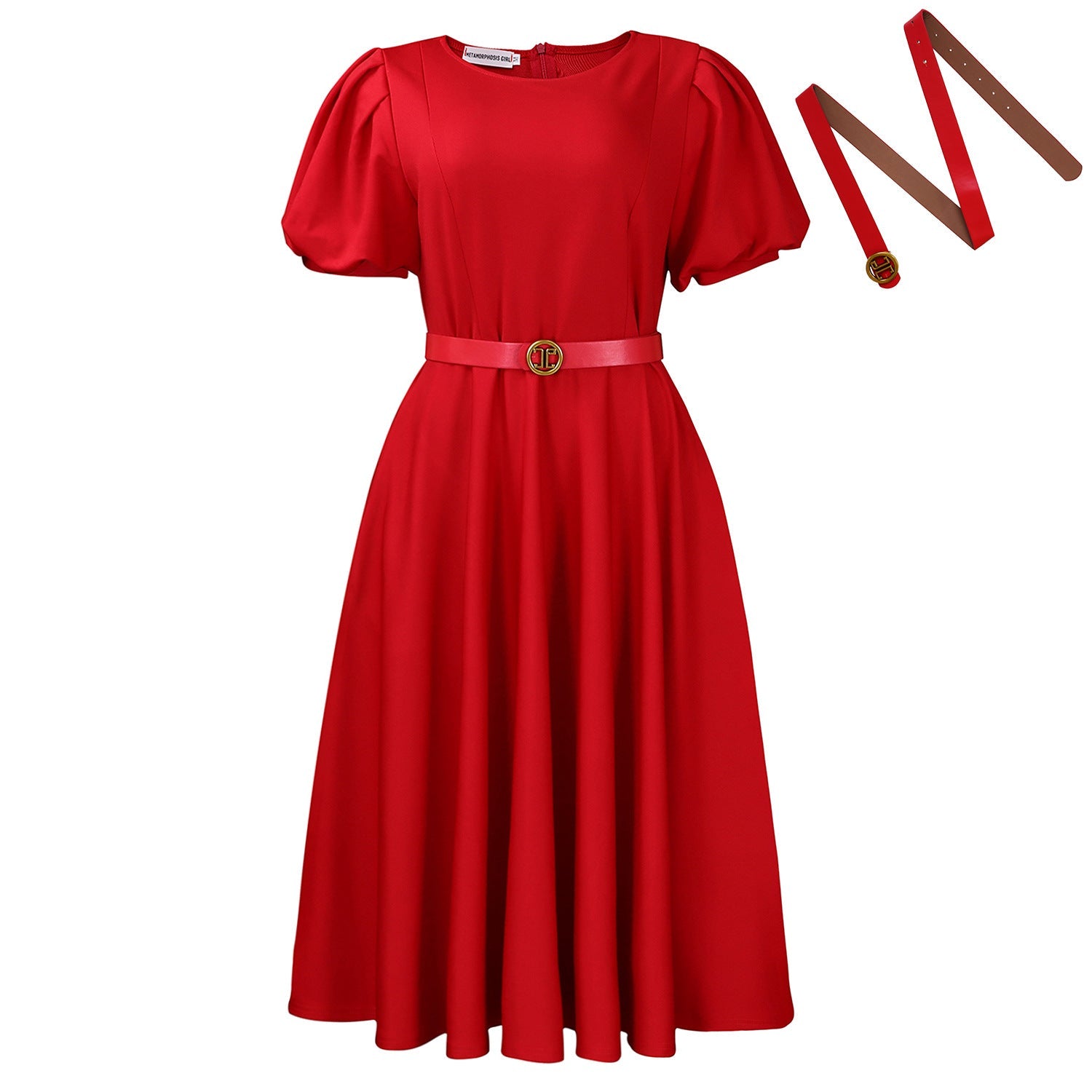 Vestido de mujer de cuello redondo, manga abullonada y talle alto