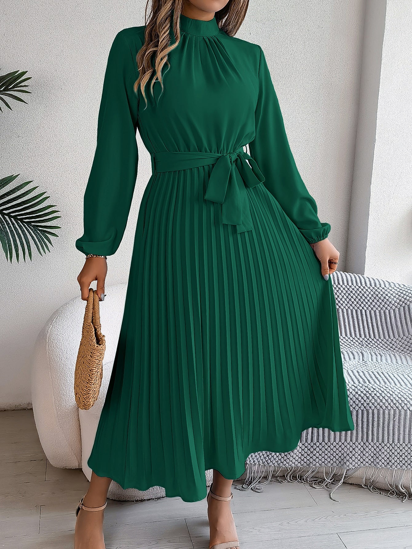 Vestido largo plisado fruncido con cuello alto y manga larga, elegante, otoño-invierno, vestido pequeño, ropa de mujer
