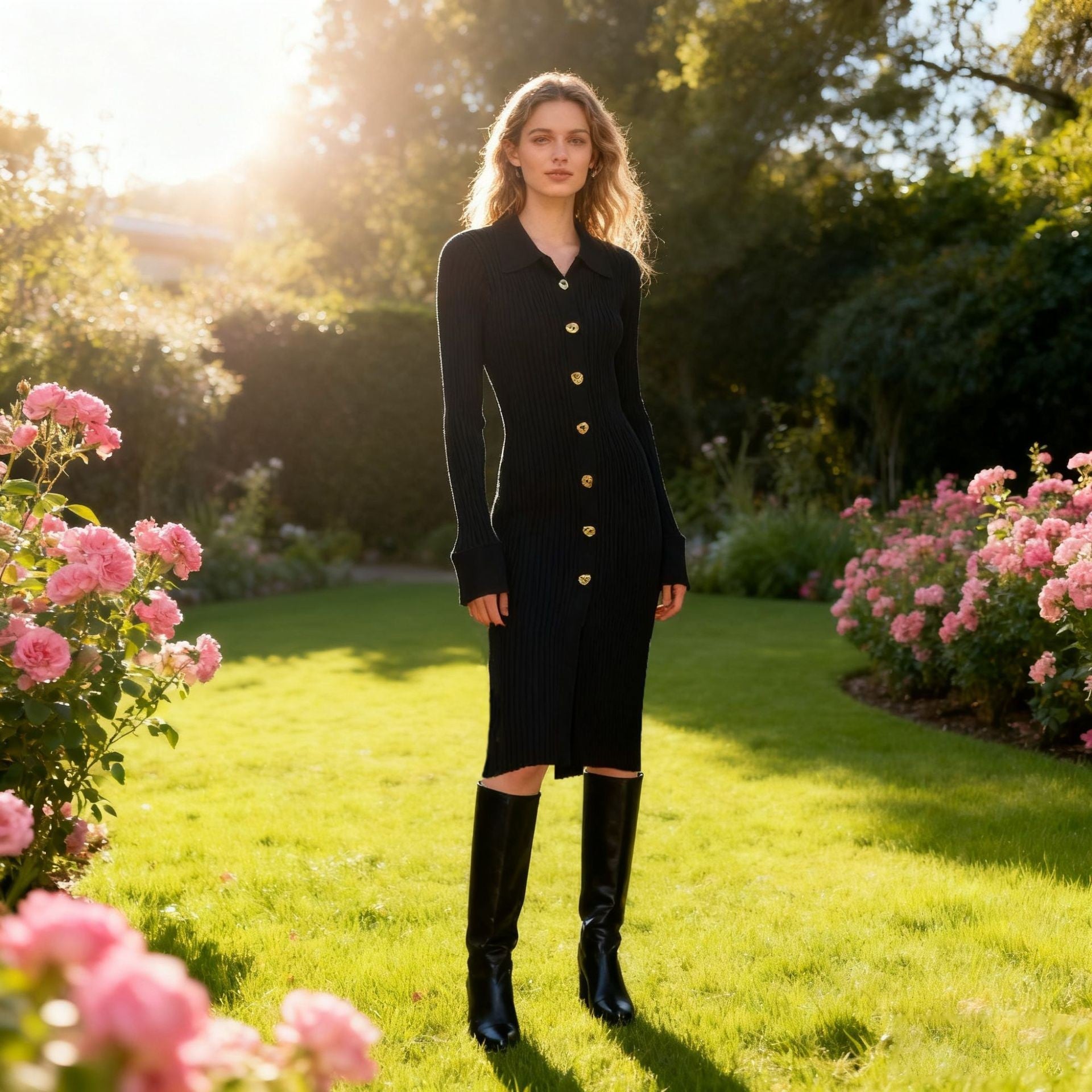 Vestido de punto básico de señora a la moda, vestido de punto de ajuste delgado para mujer, vestido largo de punto ajustado a la cadera para otoño