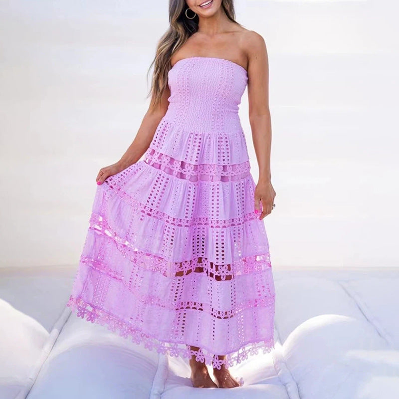Vestido maxi casual de primavera con bordado de alta sensibilidad, calado, sin tirantes, ropa de mujer