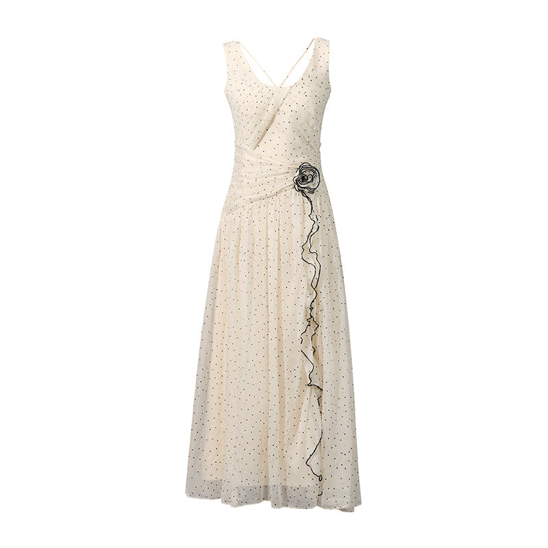 Vestido Maxi de Tirantes de Verano con Estampado de Topos sin Mangas y Cuello Redondo Albaricoque de Leche Dulce Ropa de Mujer