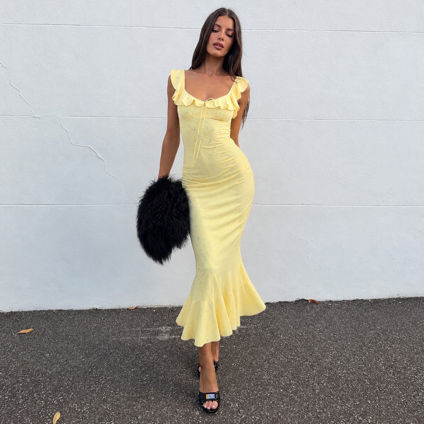 Summer Vacation Ruffled Tied Floral Dress Sexy Slit Slim Fit Fishtail Dress Women