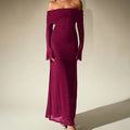Vestido maxi de malla plateada cuadrada, sexy, con hombros descubiertos y manga larga acampanada