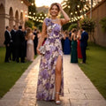 Vestido maxi con estampado floral, hombros inclinados, corte ajustado, cintura adelgazante y abertura para verano