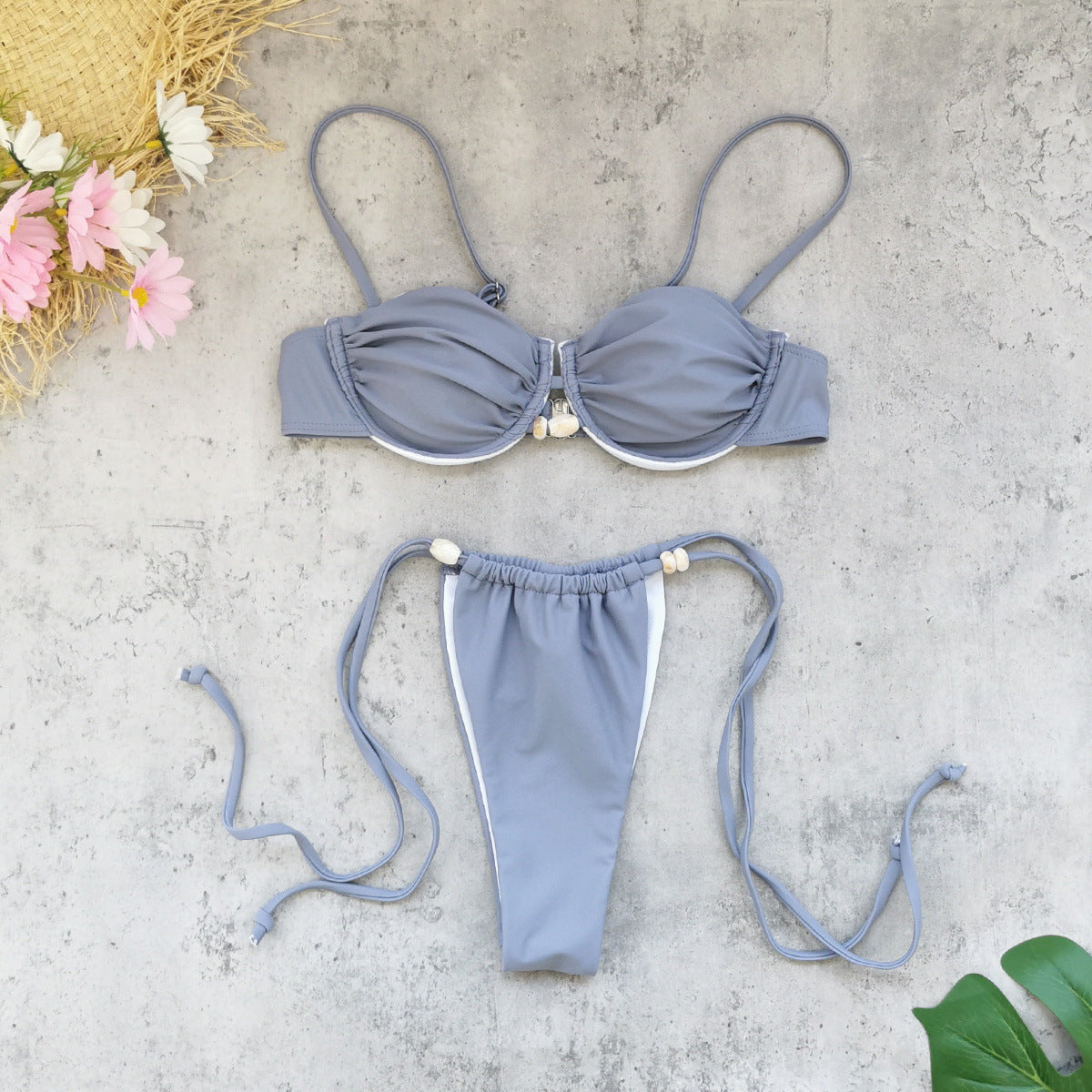 Traje de baño de bikini de tres puntos sin espalda, sexy, de encaje con cintura baja y color sólido con aros para mujer
