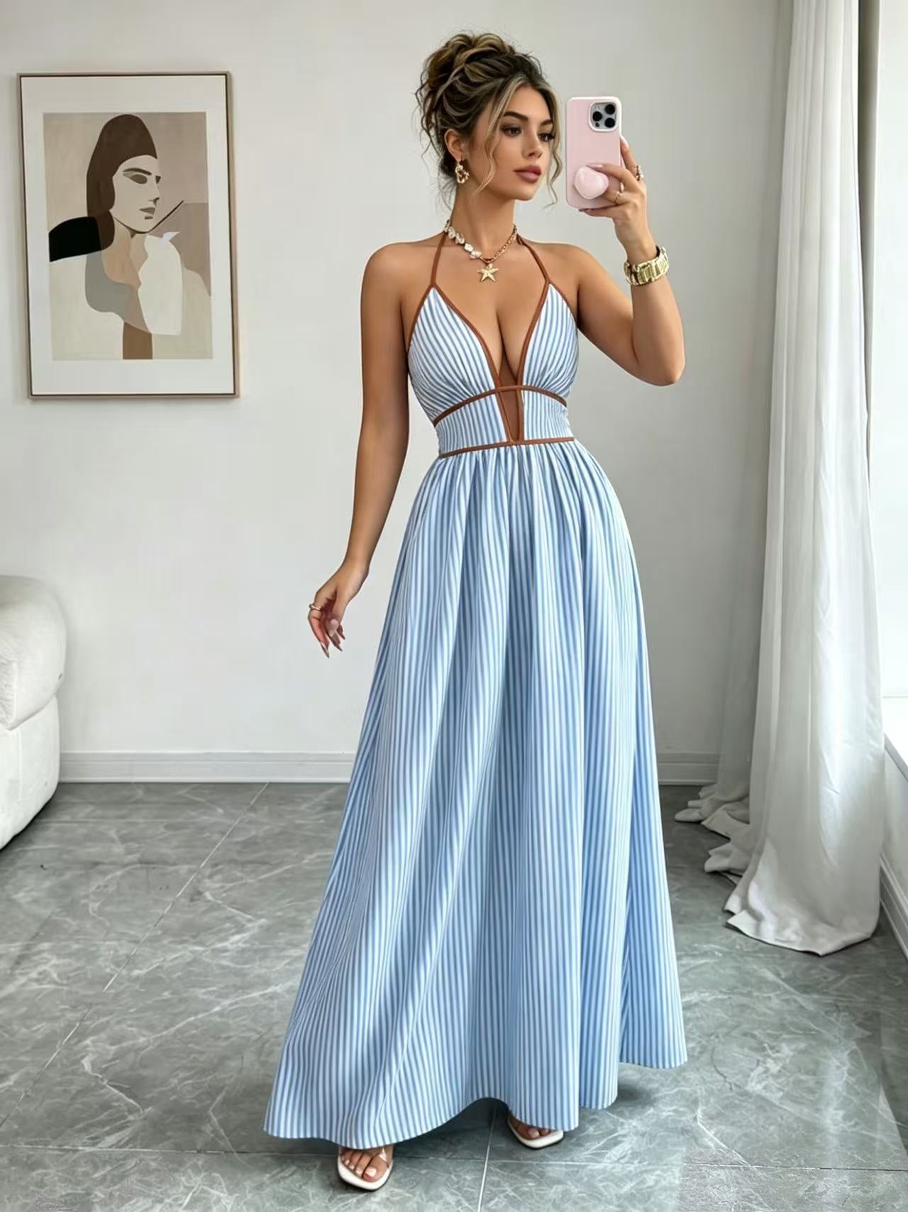 Vestido maxi largo casual sin mangas con cuello halter, cintura ajustada y rayas a juego de colores
