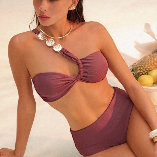 Bikini de mujer de verano con diseño torcido, un hombro, tirantes finos, sexy, para playa y mar