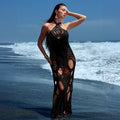 Vestido de playa de mujer sexy de color liso con aberturas y cuello halter para bikini