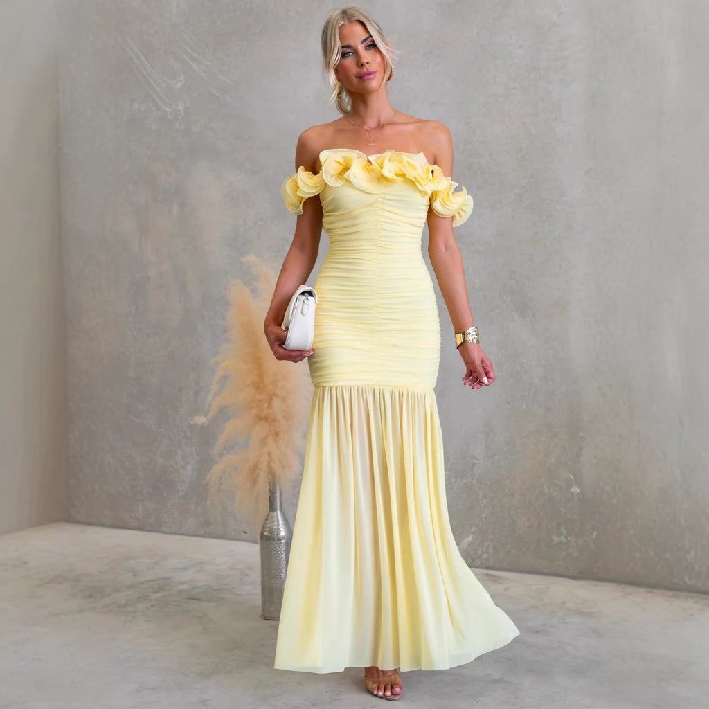 Vestido sin hombros de malla de color sólido, corte ajustado, sexy, de primavera-verano para vacaciones