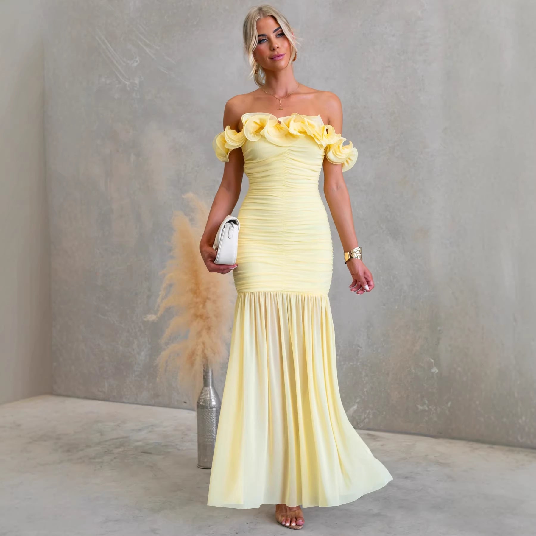 Vestido sin hombros de malla de color sólido, corte ajustado, sexy, de primavera-verano para vacaciones