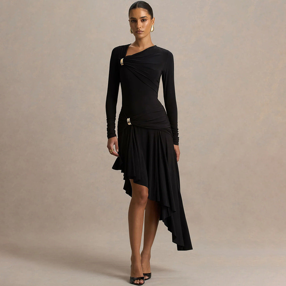 Vestido Maxi Asimétrico Irregular Plisado Sexy para Mujer Elegante a la Moda Otoño Invierno