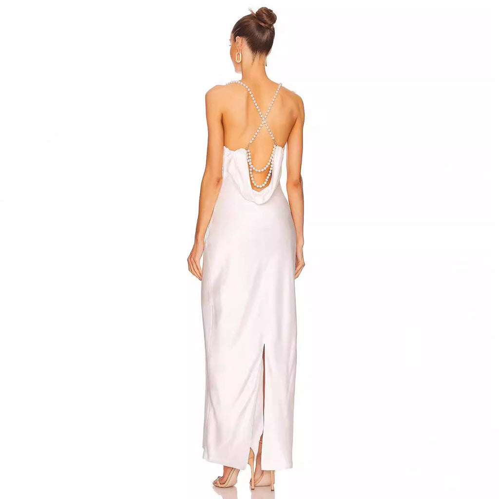 French White Bead Necklace Evening Dress Silk Satin Texture Women Sexy Backless Elegant Party Dress