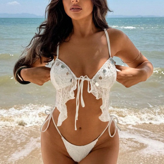 Traje de baño de bikini de encaje con lentejuelas y tirantes finos para mujer para vacaciones en la playa en verano