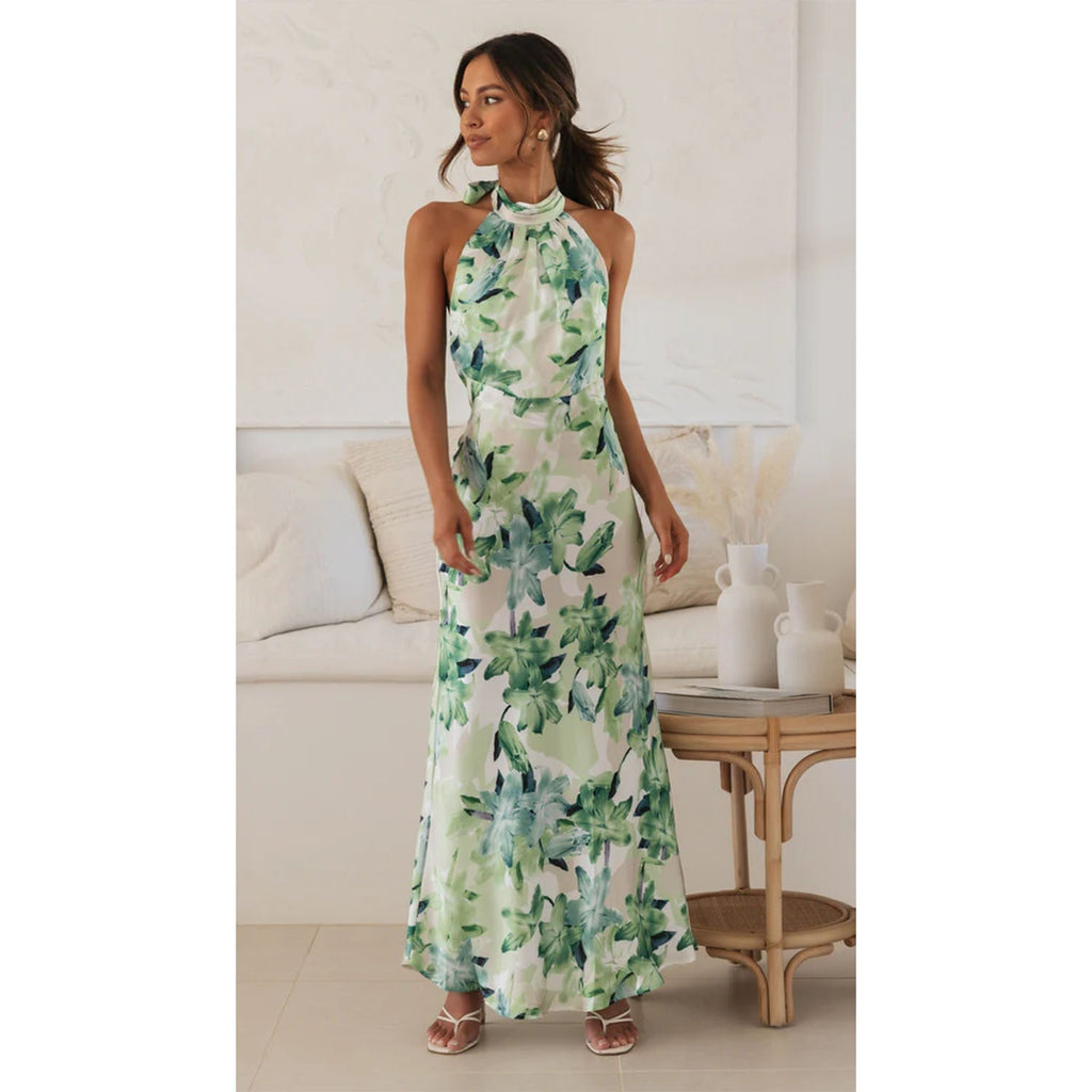 Vestido halter midi dulce con estampado digital floral de primavera-verano