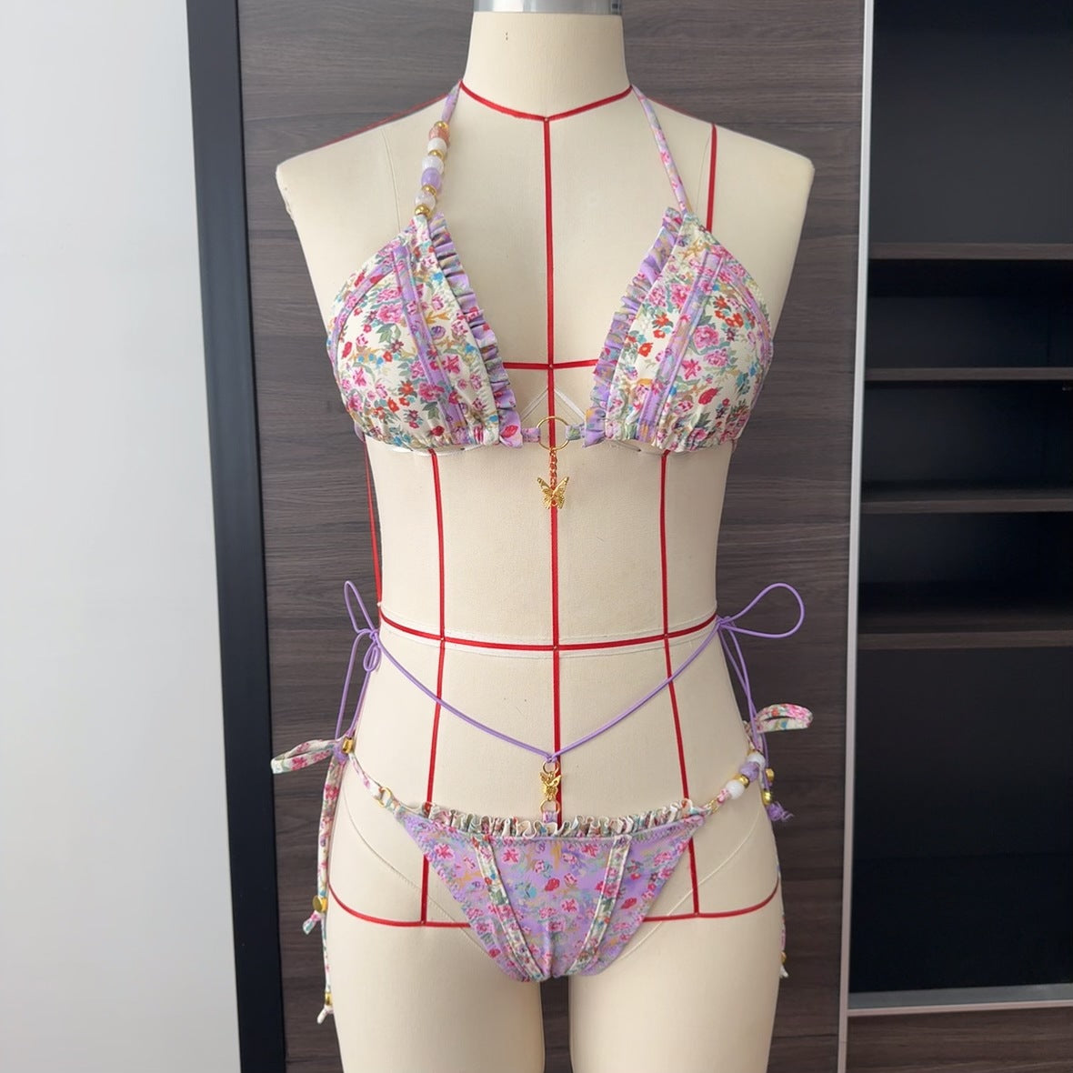 Bikini con estampado multicolor, diseño de mariposa, sexy, con cordones, traje de baño dividido, accesorios con cuentas para mujer