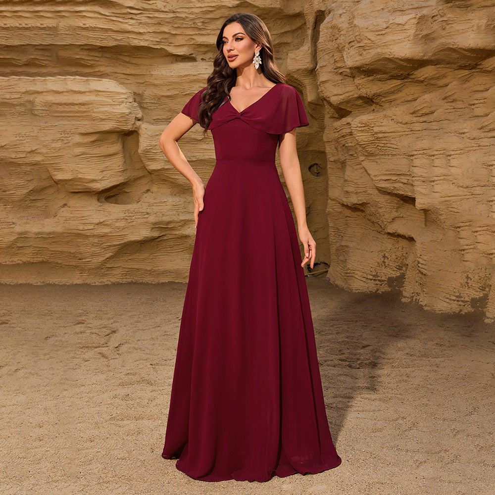 Chiffon V neck Bowknot Shawl Back Zipper a Large Swing Fully Lined Elegant Evening Dress Women
