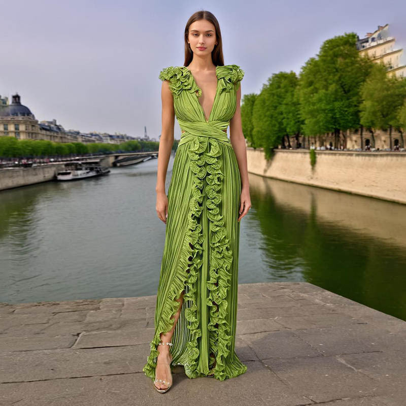 Vestido largo de cóctel francés con cuello en V, plisado, con volantes en la cintura, adelgazante, línea A para mujer