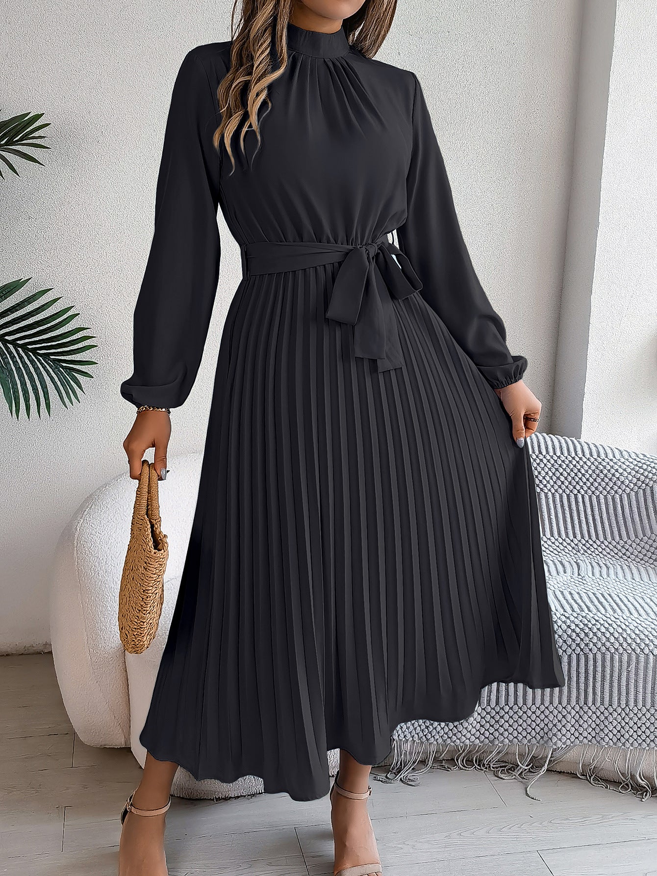 Vestido largo plisado fruncido con cuello alto y manga larga, elegante, otoño-invierno, vestido pequeño, ropa de mujer