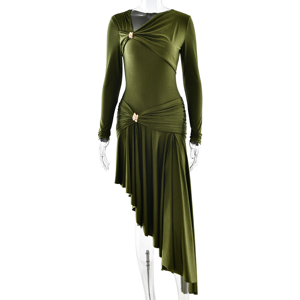Vestido Maxi Asimétrico Irregular Plisado Sexy para Mujer Elegante a la Moda Otoño Invierno