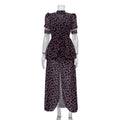 Digital Printing French Dress Women V neck Short Sleeve Front Slit Waist Seal Floral Dress