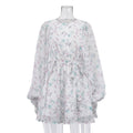 Dress Women Summer Round Neck Puff Sleeve Single Breasted Lace up A line Dress Floral Dress
