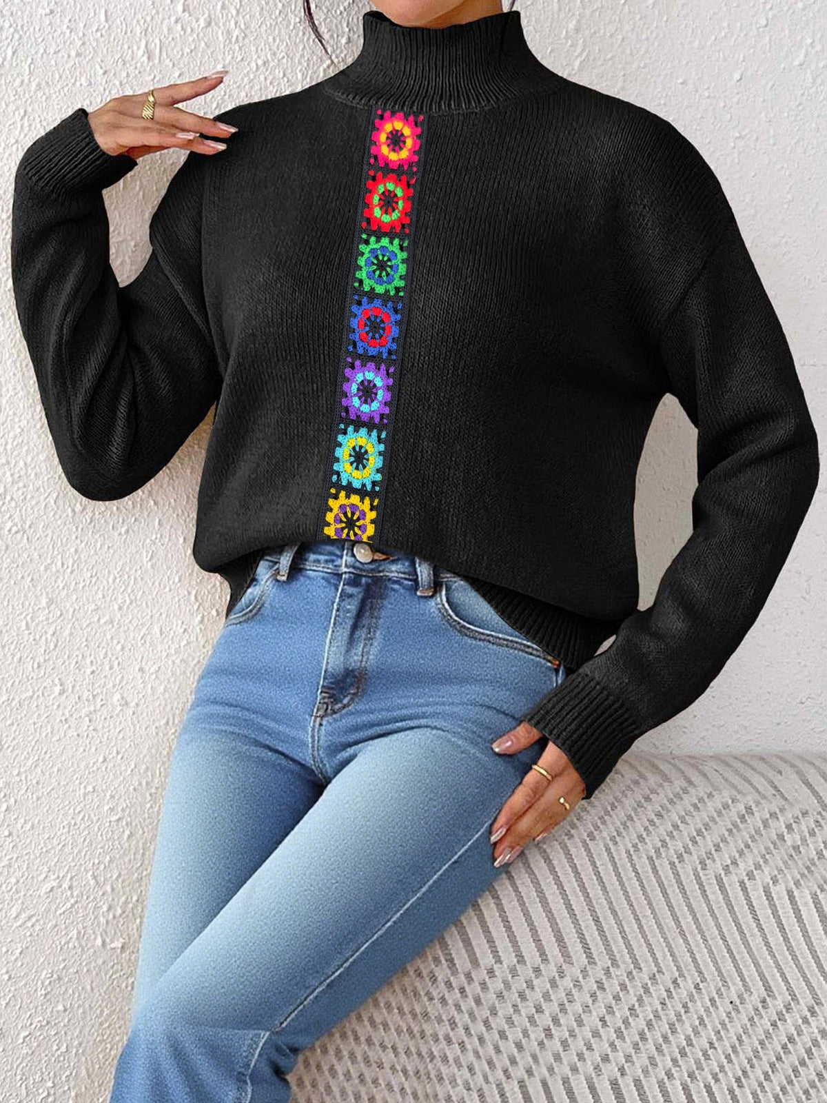 Women Clothing Personality Color Random Imitation Hand Crocheted Stitching Woven Top Pullover Sweater