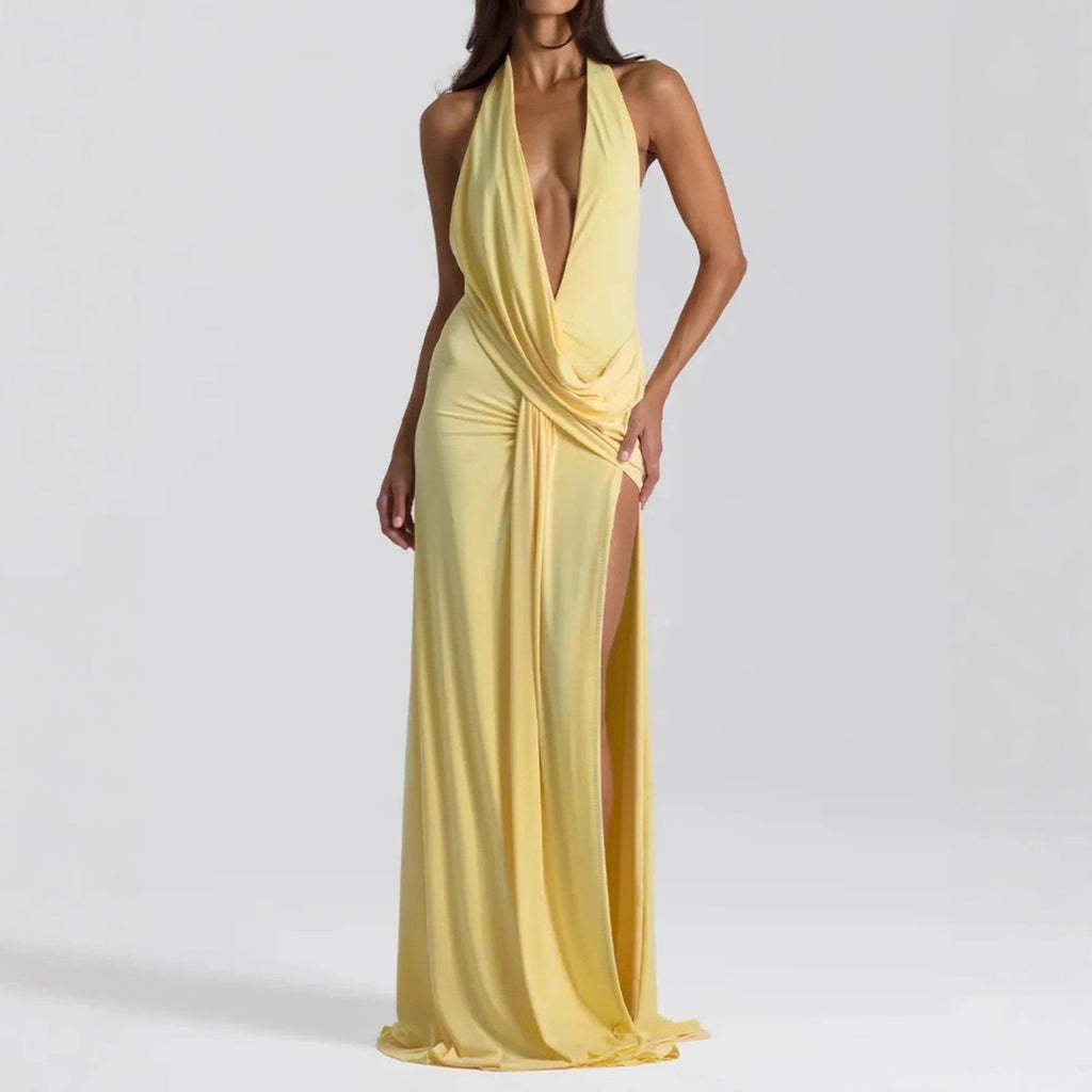 Vestido sexy largo de mujer con escote pronunciado en V, espalda descubierta con cordones y tiras